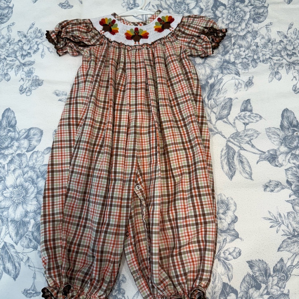 Plaid Kids Smocked Bodysuit with Turkey Embroidery